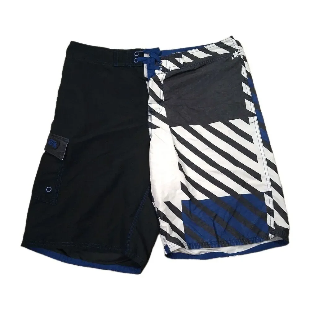 Ironman Triathlon Men's Board Shorts Size 34 Black Blue White Striped Swim...